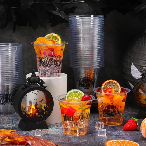 Vista 6 de Sliner 60 vasos de plástico de Halloween de 12 onzas desechables transparentes para Halloween, suministros de fiesta para bebidas frías, cerveza