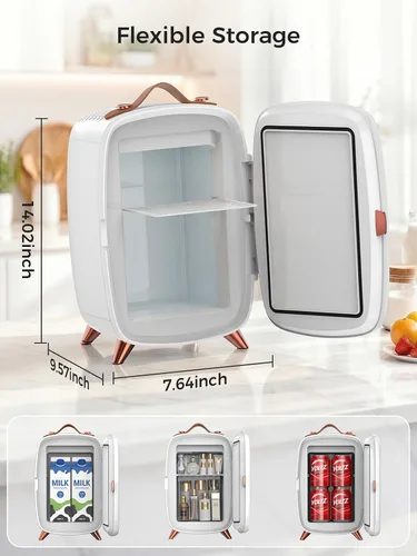 Vista 5 de COWSAR Mini refrigerador para dormitorio con espejo de luz LED regulable, refrigerador para el cuidado de la piel de 6 litros/8 latas con mango