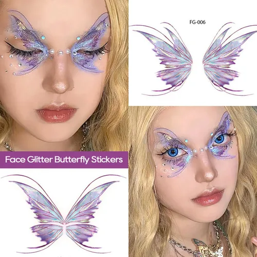 Vista 3 de 14 hojas de tatuajes temporales de mariposa con purpurina para decoración de maquillaje de ojos, rostros, calcomanías de tatuaje de arte corporal