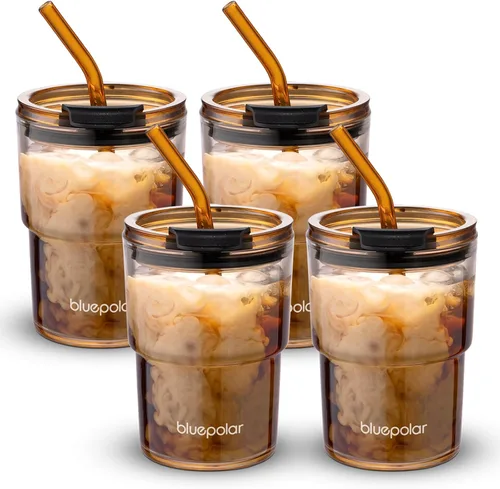Vista 10 de BLUEPOLAR Vaso de Agua de Vidrio de 13oz/400ml con Pajita y Tapa Sellada para Llevar Pared Gruesa Taza de Café Helado Vaso de Vidrio para Agua, Té