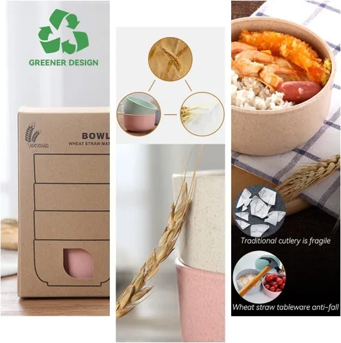 Vista 2 de Juego de 4 cuencos de paja de trigo de 14 onzas, cuencos irrompibles para cereales y ensaladas para niños y adultos, cuencos ecológicos