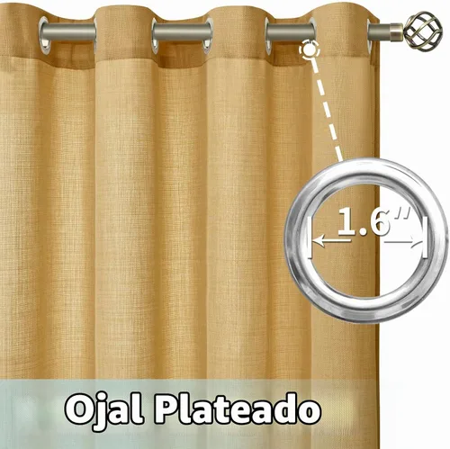 Vista 4 de LAMIT Cortinas de lino semitransparentes de 90 pulgadas para dormitorio, 2 Ojal de plata-marrón caramelo