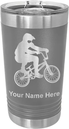 Vista 7 de LaserGram Vaso de pinta aislado al vacío de 16 onzas, conductor BMX, grabado personalizado incluido (negro) Engraved Gift for BMX Rider, Vacuum