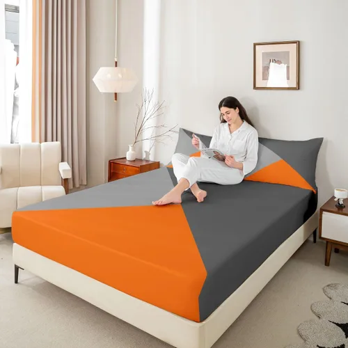 Vista 7 de Juego de sábanas de triángulo geométrico, color naranja, gris oscuro, gris claro, juego de ropa de cama individual para adolescentes y niñas, juego