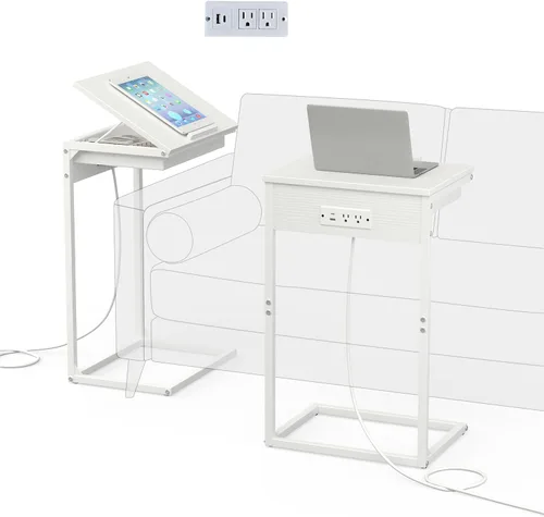 Vista 9 de sthmec Mesa auxiliar en forma de C con estación de carga, mesa auxiliar abatible ajustable de 45° con almacenamiento, mesa pequeña en C