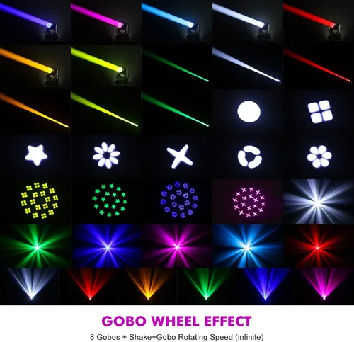 Vista 5 de Luz de cabeza móvil de 150 W, luces de escenario, 8 gobos, 8 colores, 12 canales, focos de haz de 18 caras, prisma DMX 512 con activación por sonido