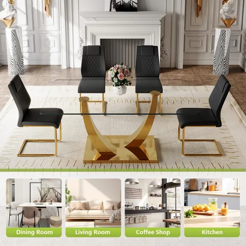 Vista 9 de Juego de mesa de comedor de cristal de 63 pulgadas para 4, mesa de comedor para 4, mesa de comedor con patas y base de acero inoxidable, sillas