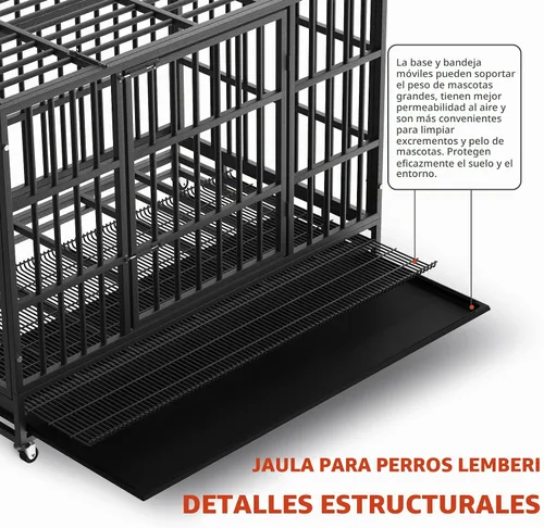 Vista 3 de LEMBERI - Jaula para perro indestructible y resistente de 48/38 pulgadas, a prueba de escapes con ruedas bloqueables, doble puerta para evitar