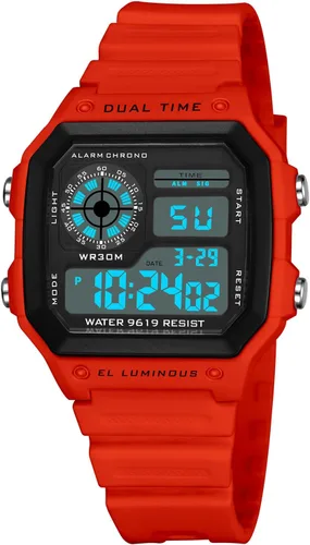 Vista 15 de PASOY Reloj de pulsera digital multifunción para hombre, con hora doble, alarma, cronómetro, cuenta regresiva, retroiluminación, resistente al agua