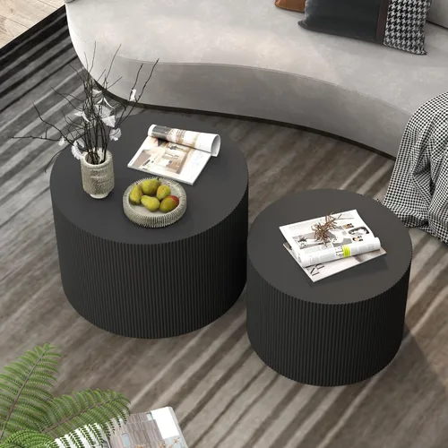 Vista 6 de Juego de 2 mesas de café redondas negras, mesas de centro modernas de madera anidables para sala de estar, juego de mesas auxiliares circulares sin