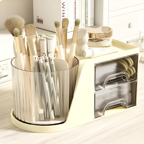Vista 7 de Soporte de rotación para bolígrafos para escritorio, lindo recipiente para lápices, organizador de escritorio y accesorios para niñas, niños, Beige
