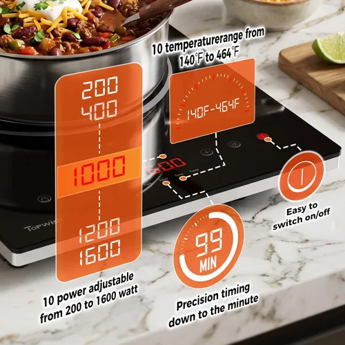 Vista 2 de Placa de Inducción, TOPWISH Placa Caliente Portátil Quemador de Inducción Eléctrico, 10 Niveles de Temperatura hasta 464°F, Cocina Eléctrica