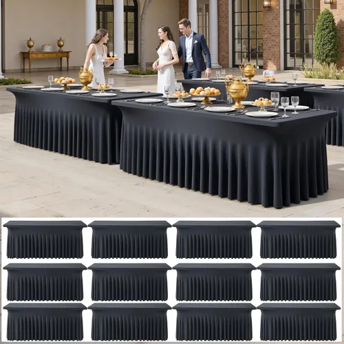 Vista 24 de Paquete de 2 manteles de elastano azul bebé de 6 pies con falda de mesa con volantes, manteles ajustables elásticos sin arrugas para mesas