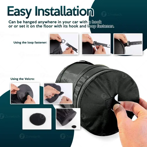 Vista 3 de ZONETECH Paquete de 2 basureros portátiles universales para automóvil, color negro, plegable, a prueba de fugas, para basura para organizar el auto