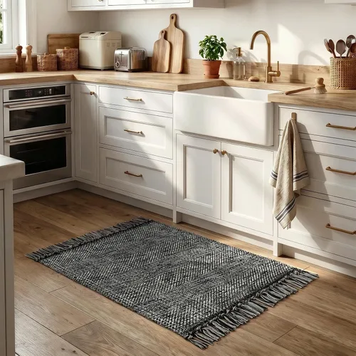 Vista 7 de Collive Alfombra de Baño Negra, 2' x 3' Tejida a Mano Lavable Alfombras Pequeñas de Cocina, Alfombra de Entrada Reversible de Algodón Alfombra