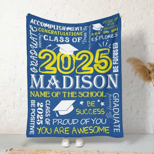 Vista 2 de MyPupSocks Manta personalizada para regalo de graduación, felicitaciones clase de 2025, manta azul personalizada de forro polar 2025 para hermana