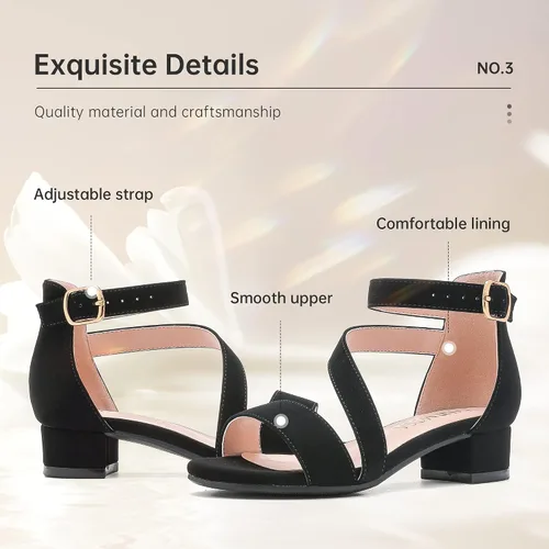Vista 6 de Sandalias para niñas con tacón para niños con punta abierta y correa de tobillo, zapatos de vestir con flores para bodas y fiestas para niños