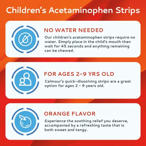 Vista 3 de Tiras masticables de acetaminofeno para niños, 24 tiras Alivio del dolor y reductor de fiebre Apoyo de acción rápida para síntomas de resfriado