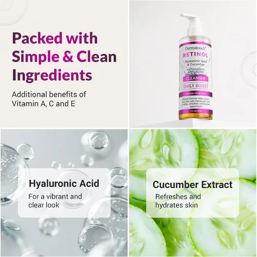 Vista 4 de DERMATOUCH Limpiador facial de retinol, lavado facial diario con ácido hialurónico, pepino y vitaminas para piel normal a seca, fórmula antioxidante