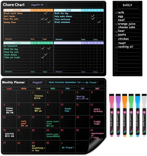 Vista 9 de Juego de calendario de pizarra blanca negra para nevera (paquete de 3), 1 tabla magnética de tareas y 1 planificador semanal para refrigerador, 1