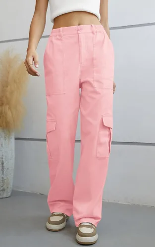 Vista 2 de QUEZHU Pantalones cargo para mujer, holgados, cintura elástica, pantalones de paracaídas, ajuste relajado, pantalones militares casuales