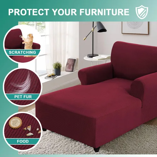Vista 3 de Funda ajustada para sofá chaise lounge - Funda elástica para chaise de doble brazo con protector (Rojo vino, cuadros pequeños)