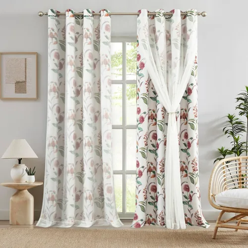 Vista 11 de Leeva Cortinas opacas con estampado de flores y hojas, estilo campestre, aislamiento térmico, cortinas reductoras de luz para comedor, 2 paneles, 52