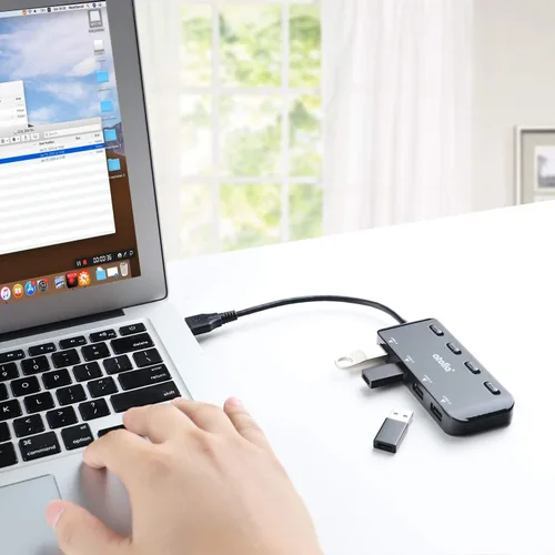 Vista 6 de Hub USB 3.0 de 4 puertos con interruptores individuales, expansor de datos ultradelgado de alta velocidad, divisor USB de 5 Gbps para laptop, PC
