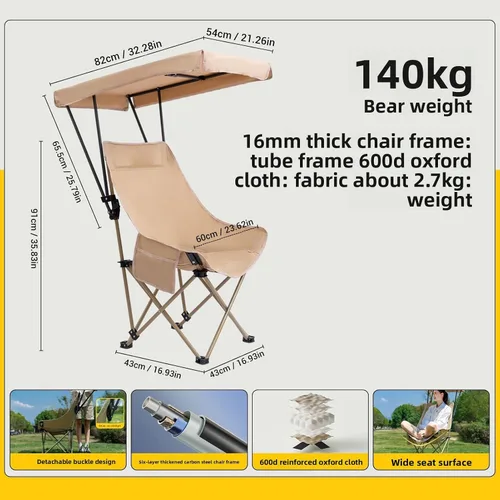 Vista 2 de Portable Camping Chair with Canopy, Beach Chair with Shade, Robust High Carbon Steel Oxford Canopy, Side Pocket Design for Fishing Camp All Outdoor