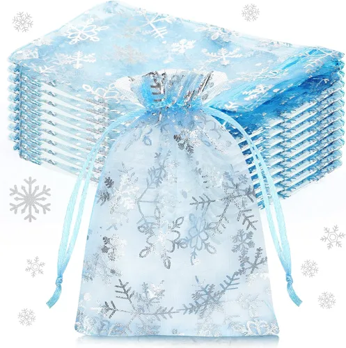 Vista 9 de Roowest 100 bolsas de regalo de organza con copos de nieve de 4 x 6 pulgadas, pequeñas bolsas de malla para joyas, mini cordón para dulces, bolsas
