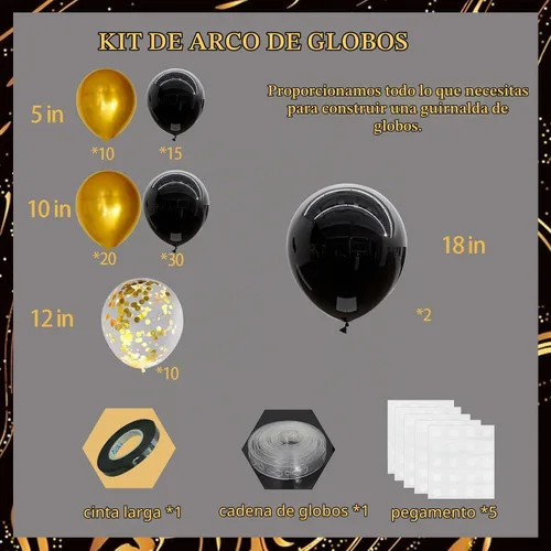 Vista 2 de Felice Arts Decoración de fiesta de Año Nuevo Confeti de Globos de Látex Kit de Arco de Guirnalda de Globos Negro y Dorado para Decoración de Oro