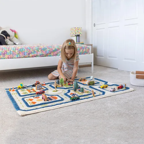 Vista 3 de IVI Alfombra de juego gruesa 3D para niños con diseño de ciudad colorida con campo de fútbol, estacionamiento y carreteras, azul, 32 x 45 pulgadas