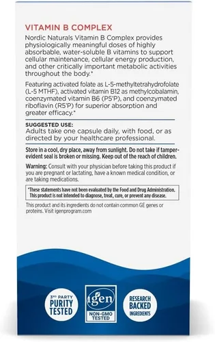 Vista 6 de Nordic Naturals Complejo de vitamina B - 45 cápsulas - Tiamina, riboflavina, niacina, vitamina B6 y B12, folato, biotina, ácido pantoténico, salud