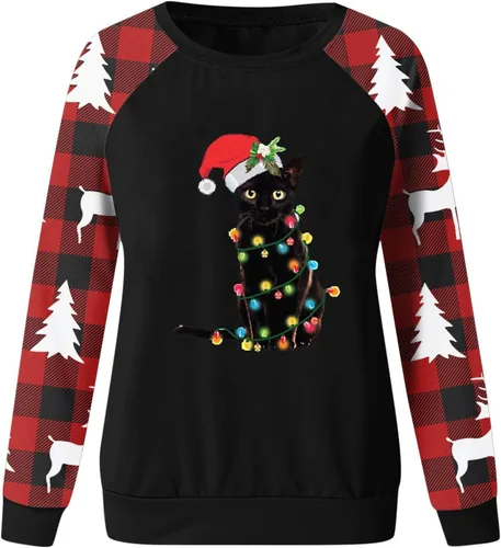 Vista 5 de Lmzaren Suéter casual de invierno para mujer, estampado navideño, cuello redondo, ajustado, sudaderas de moda, suéteres cómodos