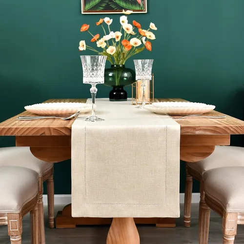 Vista 3 de NEWISHER Camino de mesa rústico de lino sintético con borde de vainica, decoración de mesa rectangular beige sólido para comedor, mesa auxiliar