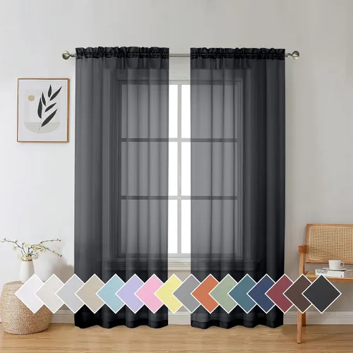 Vista 92 de Aiyufeng 2 paneles de cenefa transparente negra de 14 pulgadas de largo, cortinas cortas negras transparentes para dormitorio, cortinas de cocina