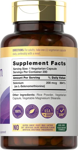 Vista 2 de Carlyle Selenio sin levadura 200 mcg 200 cápsulas Mineral esencial de L-selenometionina Suplemento vegetariano, sin OMG y sin gluten