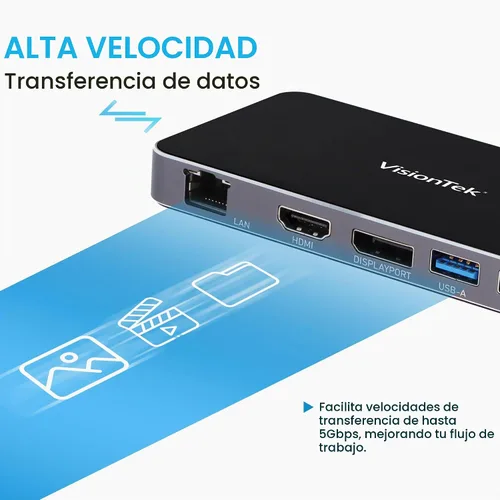 Vista 3 de VisionTek VT350 Hub portátil USB-C para monitor dual, 1 DP, 1 HDMI, 2 USB-A