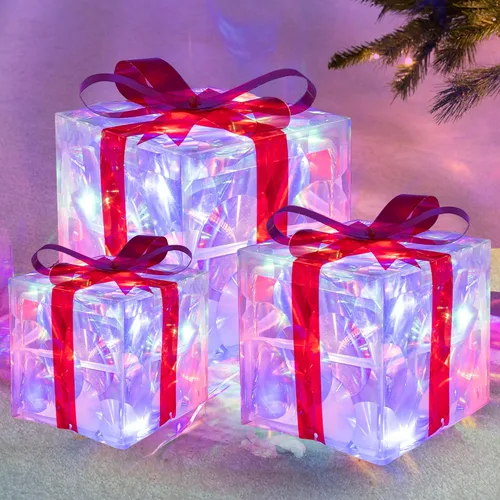 Vista 8 de Hourleey - Juego de 3 cajas de regalo iluminadas de Navidad, 60 luces LED preiluminadas, cajas de regalo decorativas para árbol de Navidad