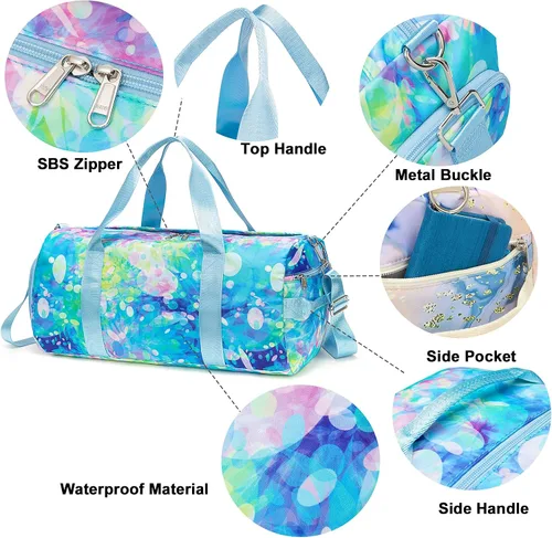 Vista 4 de BLUBOON Bolsa de lona para niñas y niños, bonita bolsa de gimnasio con compartimento para zapatos y separación húmeda, impermeable, bolsa de viaje