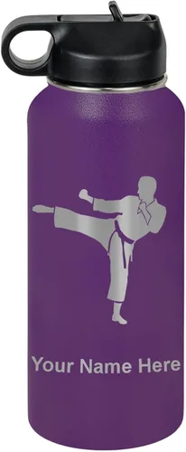 Vista 50 de Botella de agua personalizada LaserGram, Karate Man, de acero inoxidable con aislamiento al vacío de doble pared con tapa abatible, regalo grabado