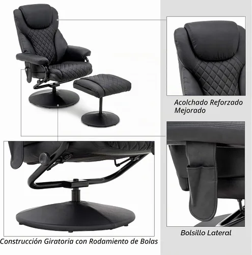 Vista 7 de Mcombo Sillón reclinable con otomano, silla reclinable con masaje, silla giratoria de 360 grados para sala de estar de piel sintética, 4901 (Negro)