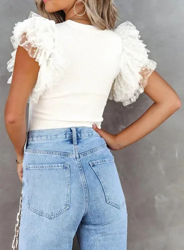 Vista 4 de Camisetas de manga corta con volantes para mujer, estilo casual, cuello redondo