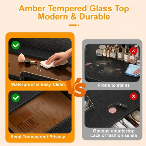 Vista 4 de Escritorio de tocador con espejo y luces, mesa de tocador de maquillaje con parte superior de cristal, tira de luz RGB, brillo ajustable, 2 cajones