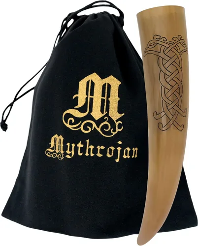 Vista 10 de Mythrojan Cuerno vikingo para beber 100% natural, auténtico, decoración de latón, cuerno nórdico con funda de cuero negro, bolsa de lona para vino