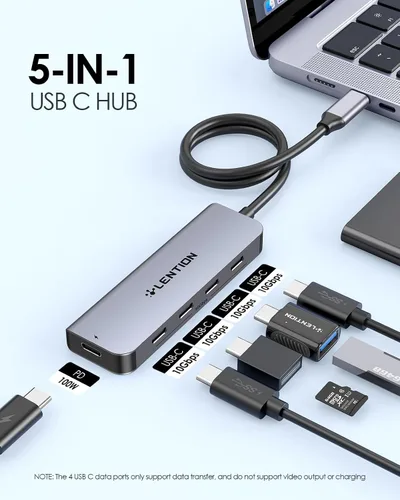 Vista 3 de LENTION Hub USB C de 4 puertos con cable largo de 2 pies, adaptador multipuerto USB C Hub 4 x tipo C 3.2 10Gbps, divisor USBC de carga PD de 100 W
