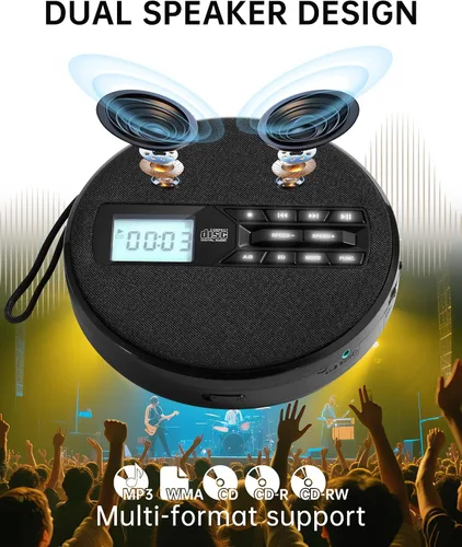 Vista 2 de Reproductor de CD portátil con altavoces, reproductor de CD personal recargable para automóvil y hogar, pequeño reproductor de música de tela