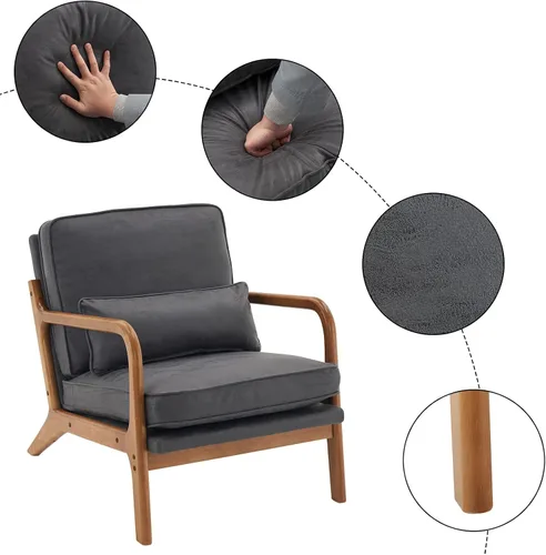 Vista 6 de Sillón moderno Mid-Century - Sillón de interior con respaldo y cojín de asiento, silla de lectura tapizada de terciopelo de peluche con reposabrazos