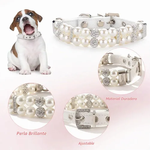 Vista 3 de HOWWFALY Collares de perlas para perros y gatos con diamantes de imitación de cristal, collar de piel sintética, collar ajustable para perros