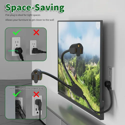 Vista 4 de Elecan Cable de Extensión de Alimentación Divisor en Y de 3 Clavijas 2 Pies/Paquete de 2, Enchufe Plano Angulado de 45 Grados Salida de 1 a 2 Vías
